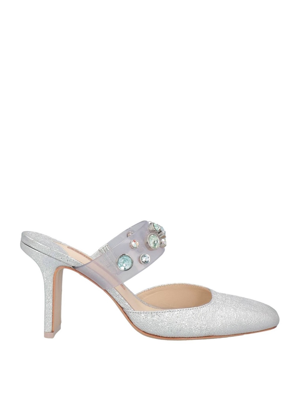 Sophia Webster silver glitter mules with plexi band with light blue jewels